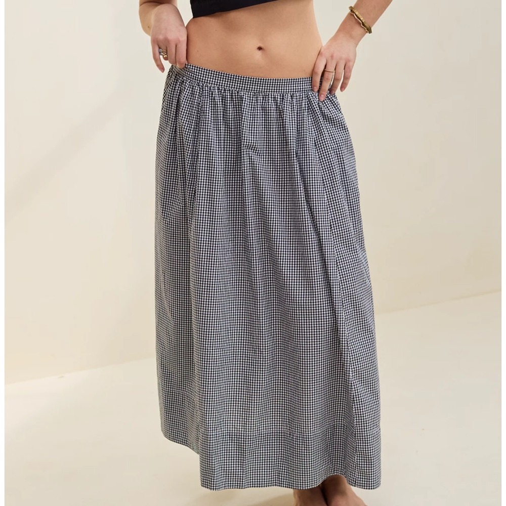Aerie Gingham Maxi Skirt Womens Small Black White Cotton Elastic Waist